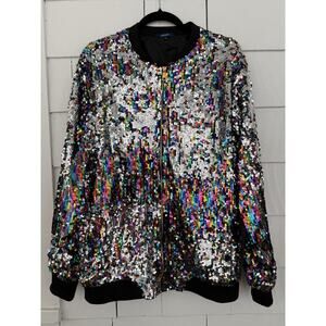 Cresay Women 3XL Rainbow Sequin Bomber Jacket Party Disco Statement 80s Glam Y2K